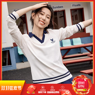 361度女装运动长袖T恤2025秋季新款学院风棉质翻领套头衫卫衣潮女