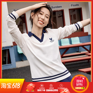 361度女装运动长袖T恤2025秋季新款学院风棉质翻领套头衫卫衣潮女