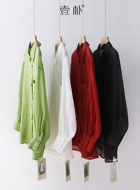 夏季宽松小翻领纯色单口袋苎麻薄款衬衫沙滩透气防晒衣上衣 3SP12