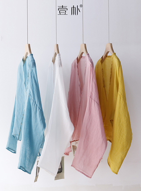 文艺范手工明线 小众复古斜襟交叉V领苎麻小衫宽松上衣 YF22365