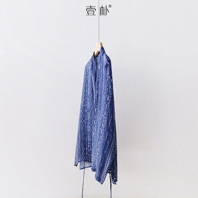 新中式苎麻印花衬衫女夏季薄款V领防晒复古靛蓝民族风上衣 6SP689