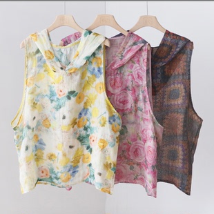 背心 苎麻无袖 4SP233 百搭显瘦薄款 文艺印花宽松连帽套头马甲夏季