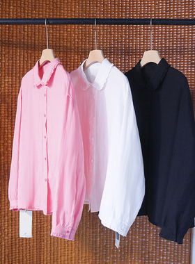 文艺花边领干洗亚麻长袖衬衫 纯色减龄娃娃翻领成衣上衣 4SP358