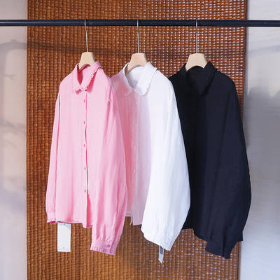 文艺花边领干洗亚麻长袖衬衫 纯色减龄娃娃翻领成衣上衣 4SP358