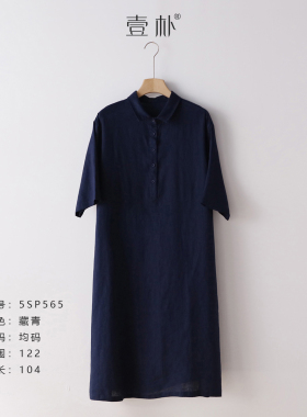文艺小翻领亚麻连衣裙 宽松短袖polo领衬衫裙 5SP565