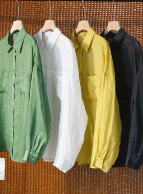 文艺双口袋小翻领苎麻长袖衬衫 宽松落肩袖薄衬衣防晒上衣 4SP292