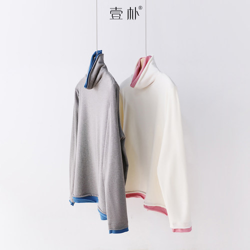 撞色系假两件堆堆高领长袖打底衫 百搭宽松打底显瘦上衣 5SP660