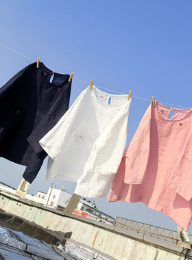 文艺小花刺绣亚麻小衫 宽松套头上衣 563TK【M胸围132 衣长62】