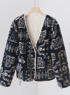 复古黑花V领毛毛外套 双面可穿加厚保暖宽松显瘦棉服棉衣 4SP303