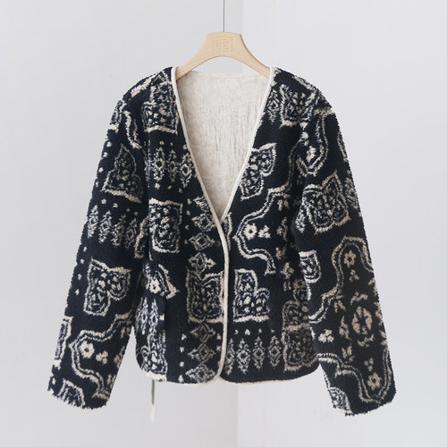 复古黑花V领毛毛外套 双面可穿加厚保暖宽松显瘦棉服棉衣 4SP303