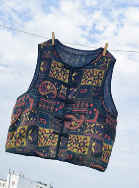 印花盘扣苎麻背心 民族风无袖马甲上衣 5SP533 【胸围112 衣长57