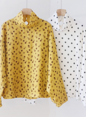 文艺小波点高领苎麻小衫 堆堆领宽松长袖衬衫打底上衣 4SP313A
