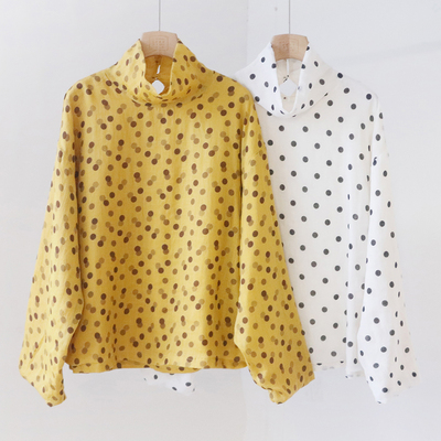 文艺小波点高领苎麻小衫 堆堆领宽松长袖衬衫打底上衣 4SP313A