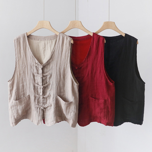 常熟新中式V领盘扣宽松翻盖口袋稀疏亚麻马甲无袖背心 4SP305