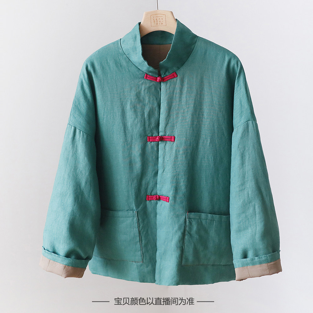 新中式立领夹棉加厚保暖亚麻棉衣 女撞色盘扣国风棉服外套 3SP56
