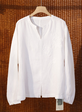 刺绣V领长袖亚麻衬衫 宽松白衬衣上衣 111TK【M胸围114 衣长63-66
