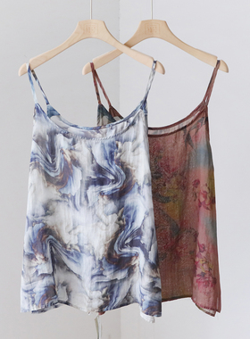 文艺数码印花夏季薄款苎麻打底吊带背心百搭外穿内搭上衣 YF22342