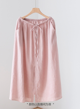 文艺范夏季纯色纽扣系带开叉亚麻半身裙 A字中长款麻裙 YF22355