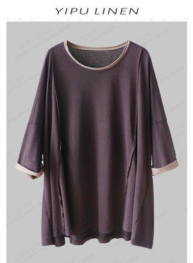 夏季砂洗炒色做旧绿色A字版宽松大版T恤休闲圆领套头上衣 22103