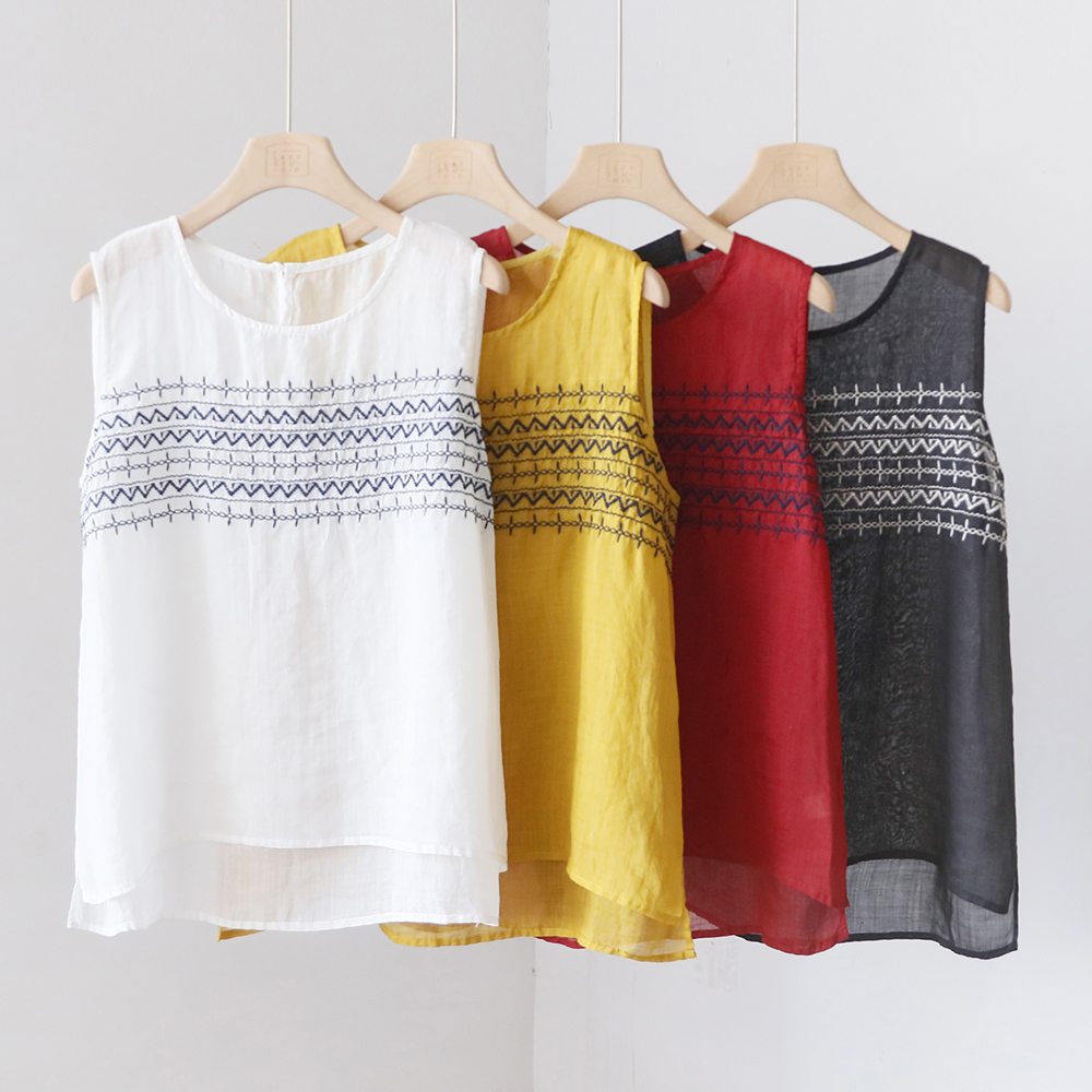 夏季文艺范刺绣宽松无袖薄款苎麻马甲显瘦百搭背心 4SP161
