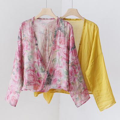 文艺范手工明线 复古斜襟交叉V领印花苎麻小衫宽松上衣 YF22365A