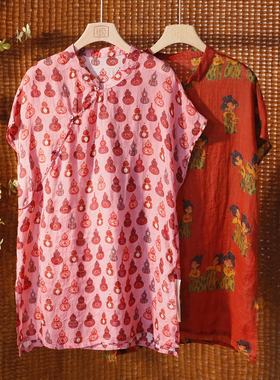 新中式斜襟数码印花苎麻小衫薄款衬衫上衣 5SP537