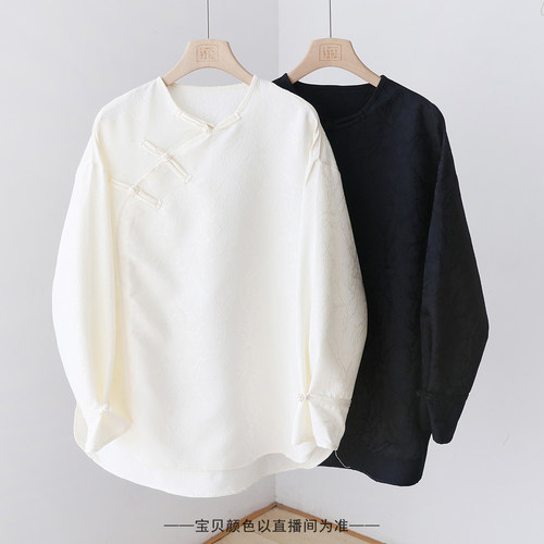 常熟新中式斜襟盘扣衬衫 肌理感提花国风宽松圆领上衣小衫 3SP32