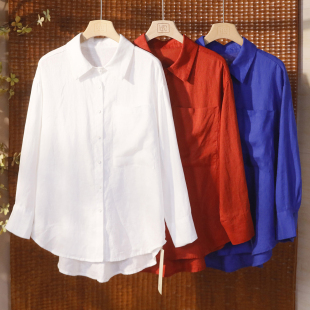 宽松长袖 衣长67 衬衣 M胸围120 5SP557 文艺纯色翻领亚麻衬衫