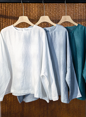 春夏新款亚麻圆领一粒扣纯色洋气宽松衬衫套头上衣 501TK