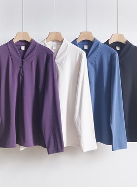 复古中式立领盘扣长袖打底衫 百搭纯色抓绒显瘦T恤上衣 4SP331