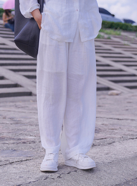 文艺范纯色松紧腰复古休闲裤 宽松显瘦百搭亚麻阔腿裤长裤 092TK