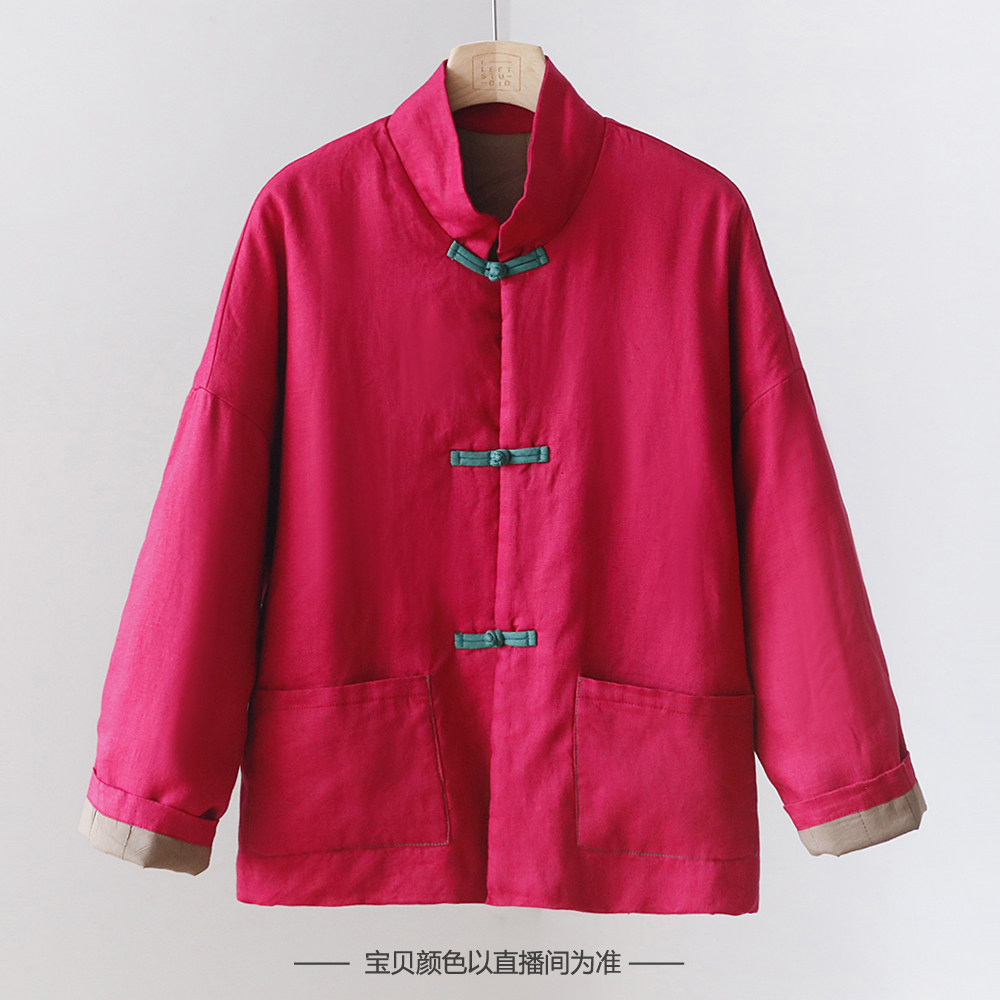 新中式立领夹棉加厚保暖亚麻棉衣 女撞色盘扣国风棉服外套 3SP56