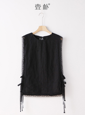 亚麻拼蕾丝系带马甲背心 披肩叠穿上衣 5166TK【M衣长60 其他不限