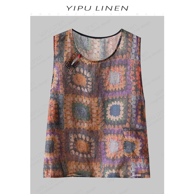 [祖母格]常熟新中式盘扣明线苎麻背心 复古提花圆领上衣 YF22356