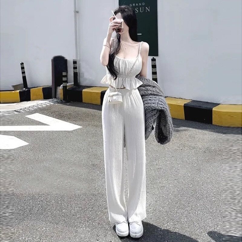 韩国东大门新款设计感荷叶边吊带背心+显瘦阔腿裤时尚两件套装女,女装/女士精品,时尚套装,淘宝优惠券,粉丝福利购,淘宝优惠卷