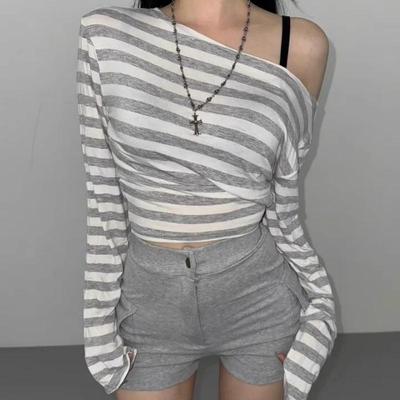 韩国独特漂亮条纹斜肩长袖t恤女