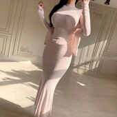 开衫 长袖 性感包臀鱼尾半身裙三件套女 T恤 韩国东大门半高领短袖