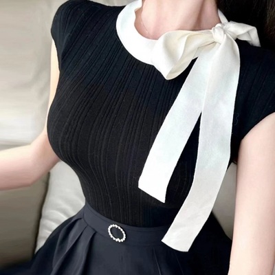 韩国针织衫性感撞色飘带显身材