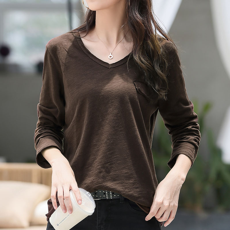 衣服女2019新品初秋长袖竹节棉T恤女百搭韩版打底衫咖色V领体恤11月24日最新优惠