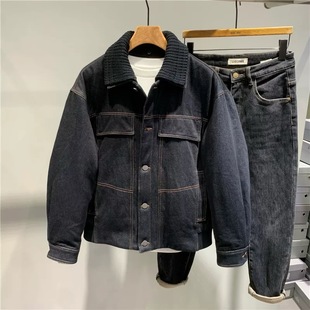 普洗软牛仔男款领子可拆卸羽绒服短款翻领宽松保暖90白鸭绒外套