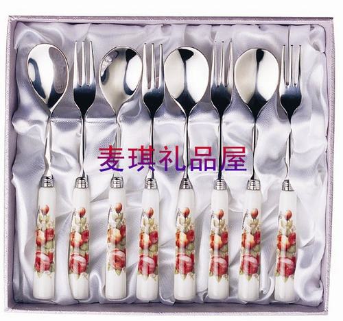 韩国进口厨美餐具TOPMATE礼物礼品组合玫瑰不锈钢陶瓷咖啡勺叉8P