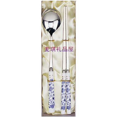 韩国进口餐具 青花 蓝蝴蝶骨瓷柄加厚不锈钢勺子扁筷子1P不带礼盒