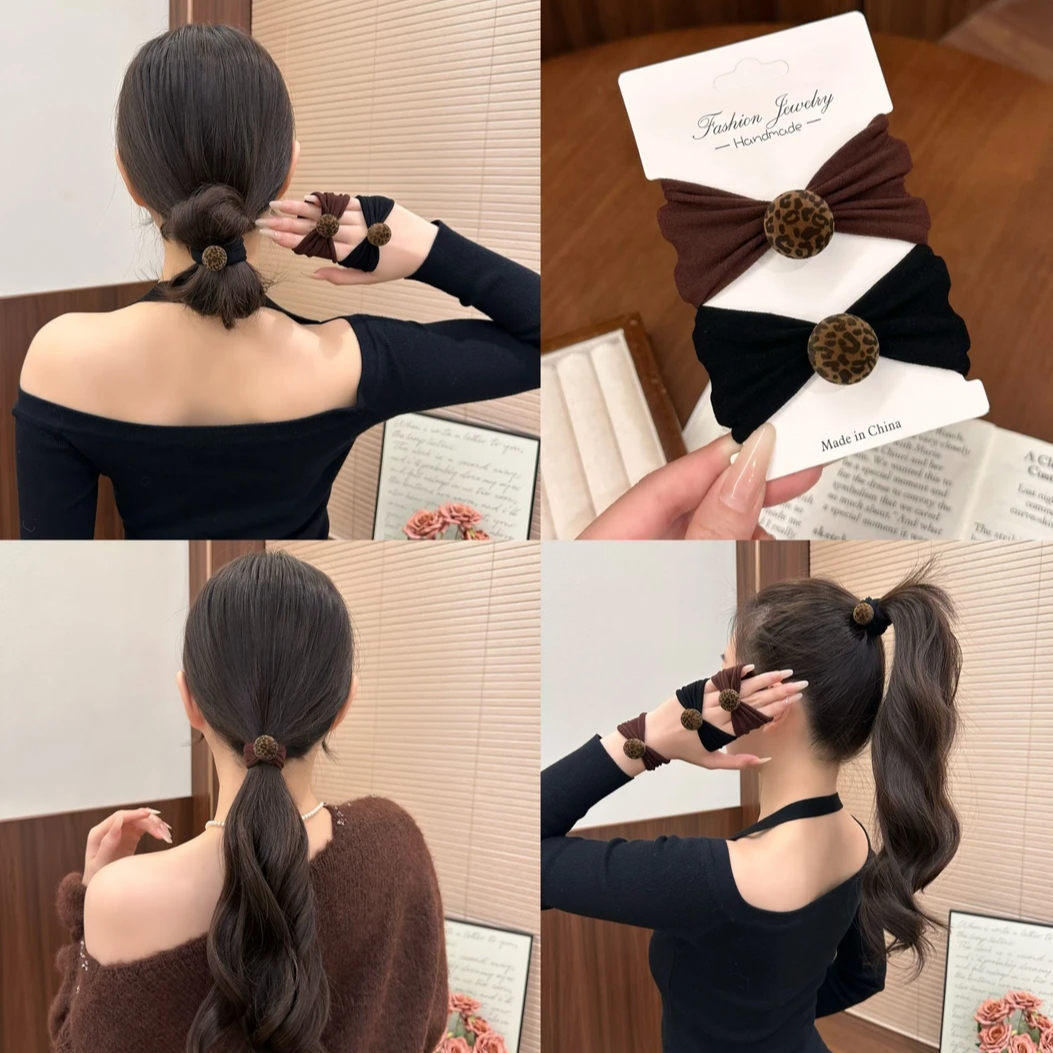 韩系植绒豹纹发圈女高级感球球毛巾圈秋冬复古头绳百搭低马尾皮筋