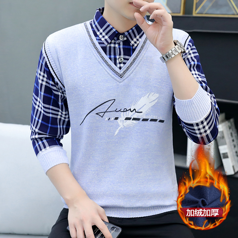 假两件毛衣秋冬季男士针织衫加绒翻领长袖流行休闲打底8852-P30,男装针织衫/毛衣,星座1706 假两件毛衣秋冬季男士针织衫加绒翻领长袖流行休闲打底8852-P30,男装针织衫/毛衣,星座1706