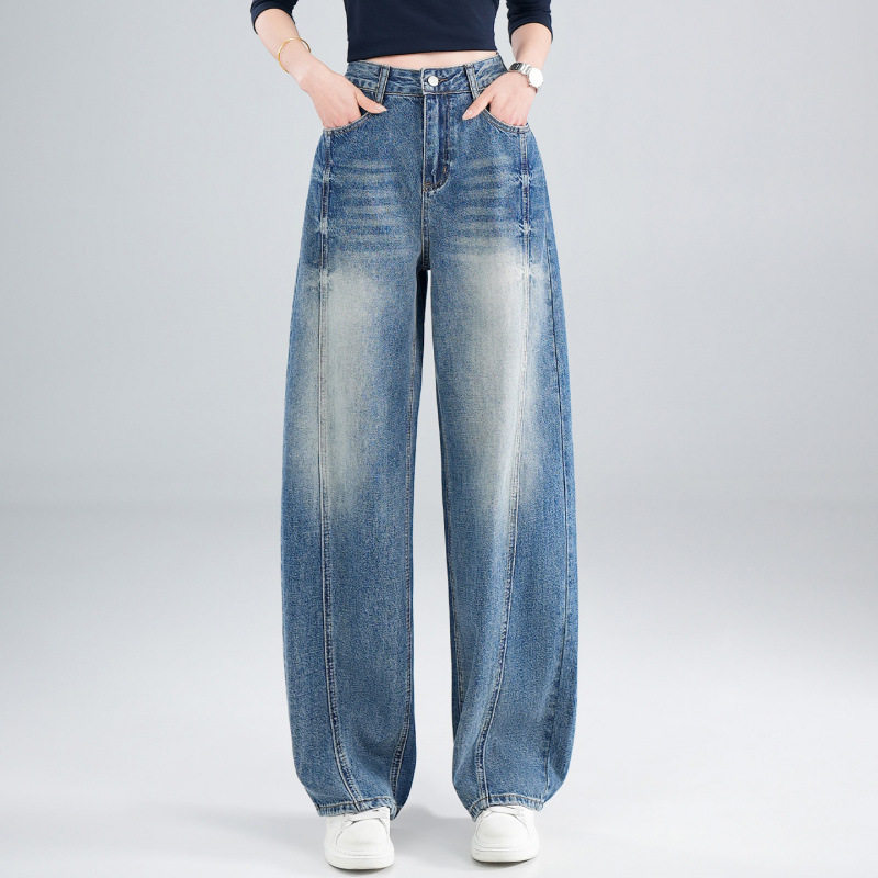 微弹弯刀牛仔裤女2026年春季新款高腰显瘦宽松百搭浅色磨毛直筒裤