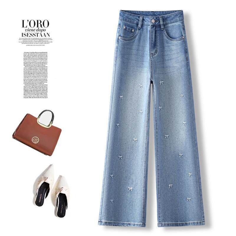 衣莊浅蓝色烫钻刺绣直筒牛仔裤女春秋季2026年新款高腰显瘦窄版阔