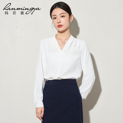 韩茗雅白衬衫女长袖V领