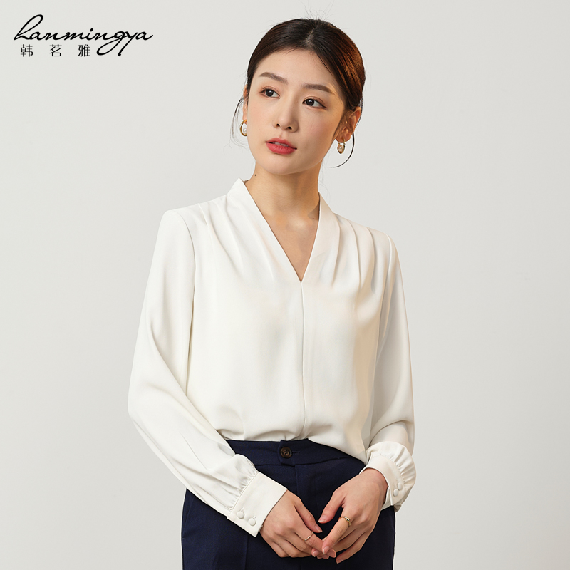 韩茗雅白色v领长袖职业衬衫女2023秋季新款上衣正装面试雪纺衬衣