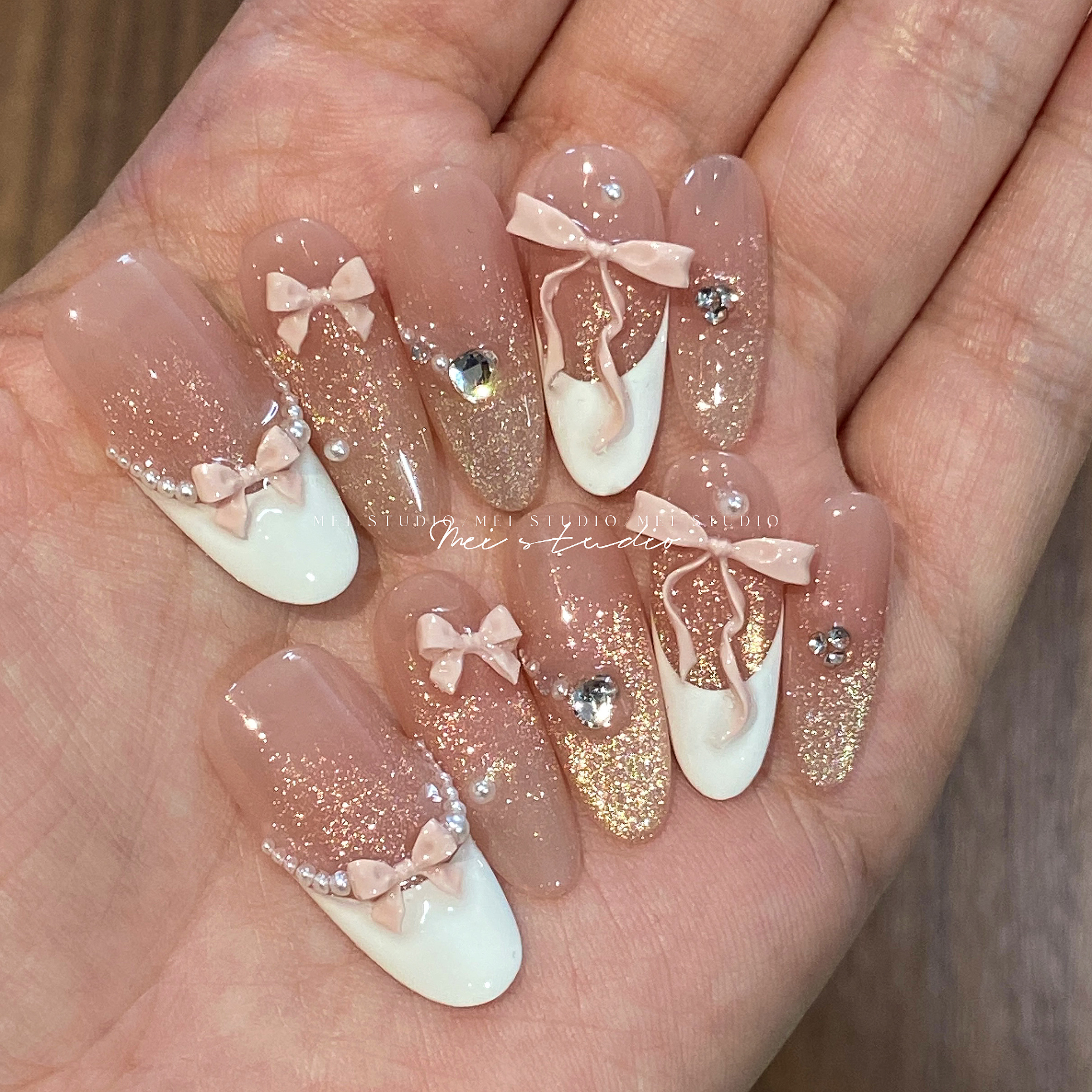 甜心法式｜法式蝴蝶结猫眼美甲甜美少女纯手工定制穿戴甲片成品