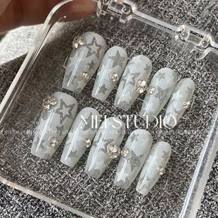 MEI 超闪美甲纯手工穿戴甲片成品定制 STUDIO银色碎钻镂空星星